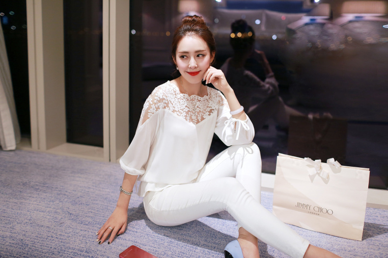 忆姿美2016春夏装新品女装蕾丝衫大码修身名媛气质春秋女式雪纺衫 白色 M