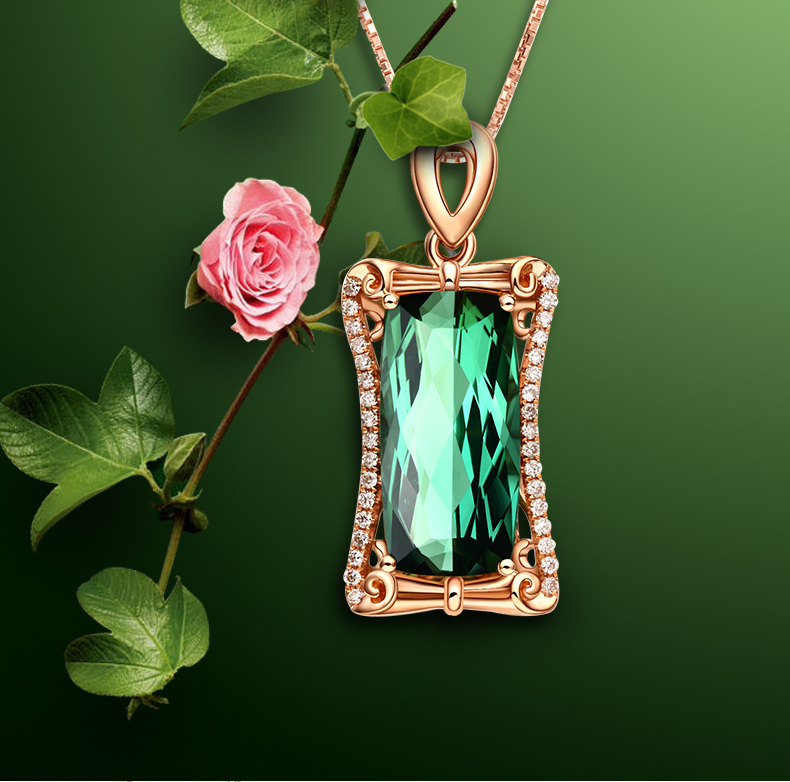 钻石吊坠18k玫瑰金彩宝项链绿色宝石吊坠18k金5克拉绿碧玺钻石吊坠