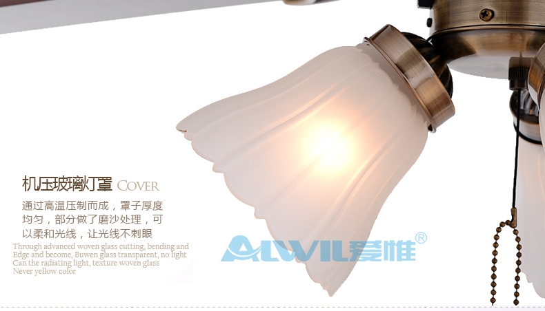 爱惟复古客厅吊扇灯美式餐厅吊灯带风扇led创意个性四叶风扇灯欧式卧室灯具42寸D624 拉线开关+遥控 带3W暖光