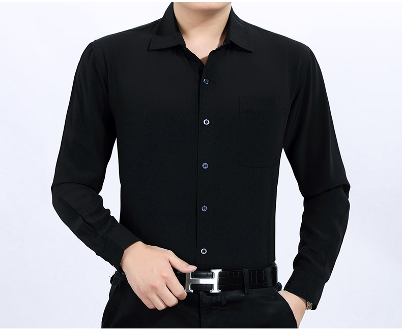 sixtoop 夏季真丝纯色衬衫新品黑色商务休闲丝绸桑薄款蚕丝长袖衬衣男