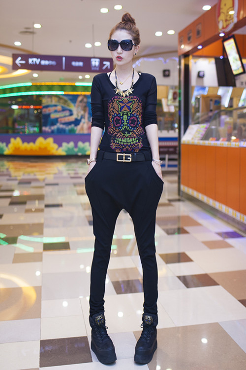 
                                        缘未央新款女装加绒加厚网纱打底衫T恤G348C5100 黑色骷髅头(加厚) L                