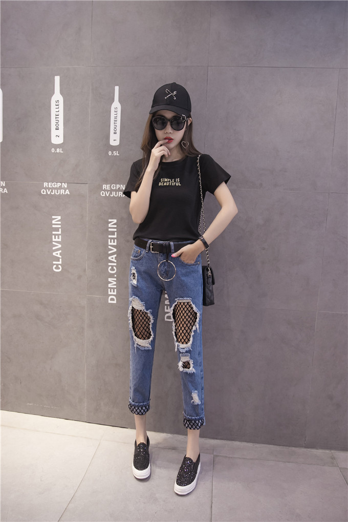 新款渔网拼接破洞牛仔裤女高腰膝盖直筒裤九分裤网格裤潮 83620蓝色 l