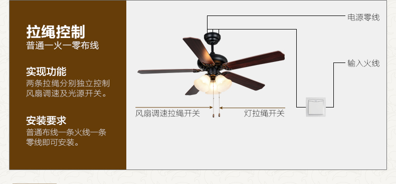金幻欧式复古吊扇灯 卧室吊灯客厅书房餐厅风扇灯具有灯电扇 珍珠黑色木质扇叶 52寸线+遥控版不带光源