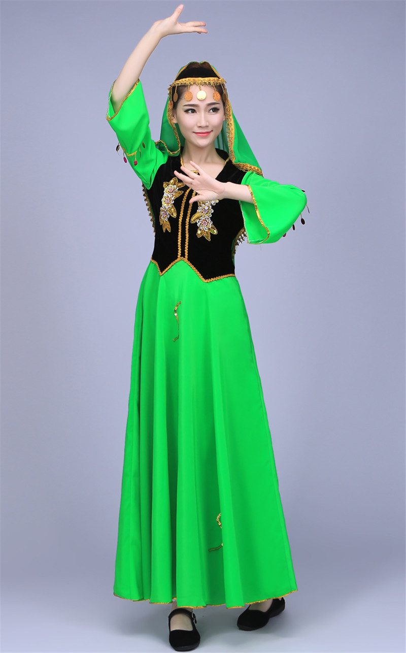 新疆舞蹈女装维族大裙摆维吾尔族服饰少数民族服装aa579 l 黄色头纱款