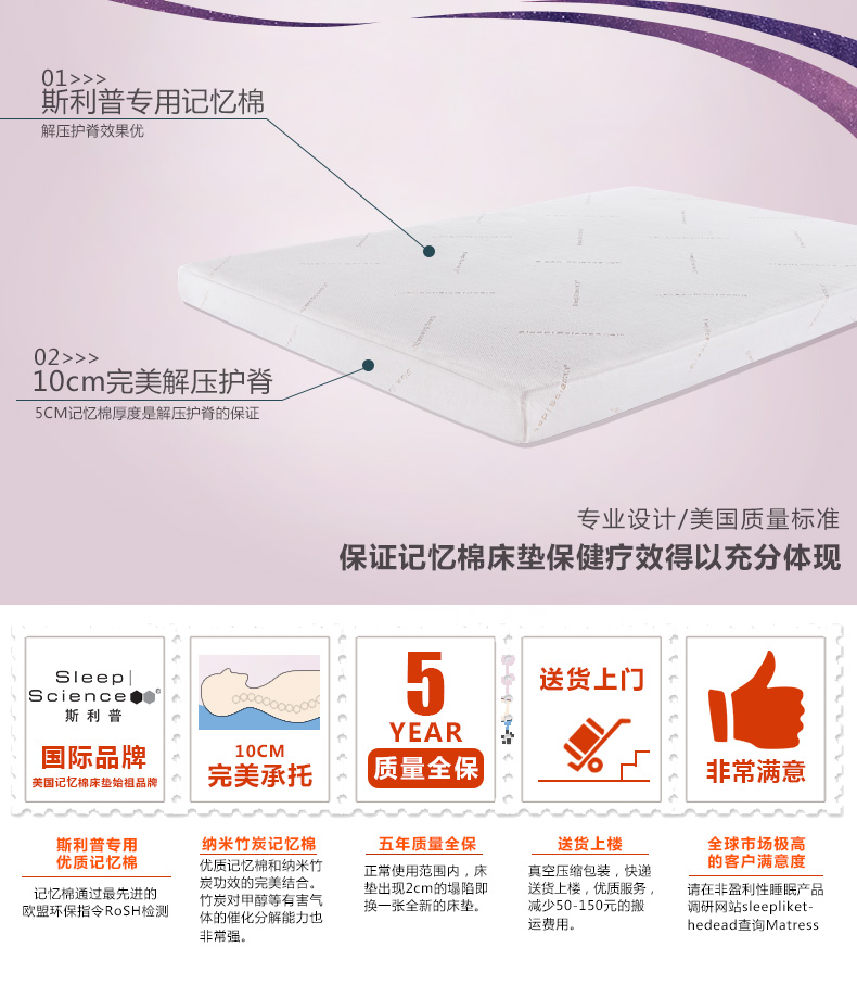 
                                                            Sleep Science美国睡眠科学爱诺黑宝石高密度记忆棉床垫子床褥子 薄垫子 轻奢解压10CM 白色 150*200*10CM                
