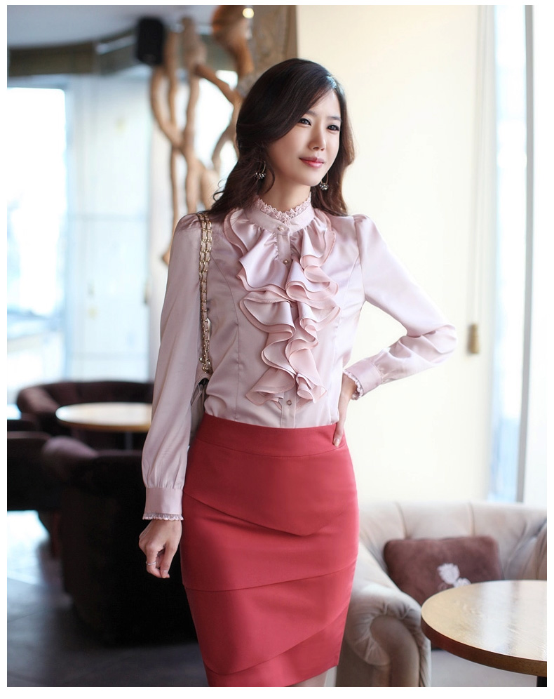 
                                        名诺儿2016秋季职业工作服女士白衬衫女装长袖上衣仿真丝衬衣女荷叶边修身款花边领 662白色 XL                