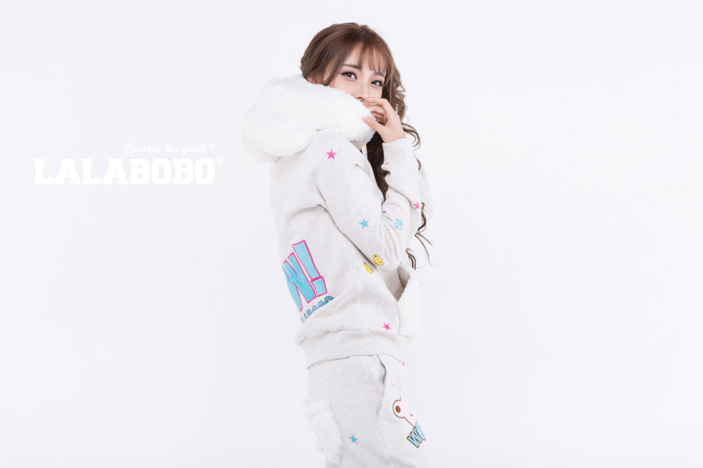 新 LALABOBO  秋冬女装新款刺绣拼接修身开衫外套 满天熊头套装-上衣 浅粉 M