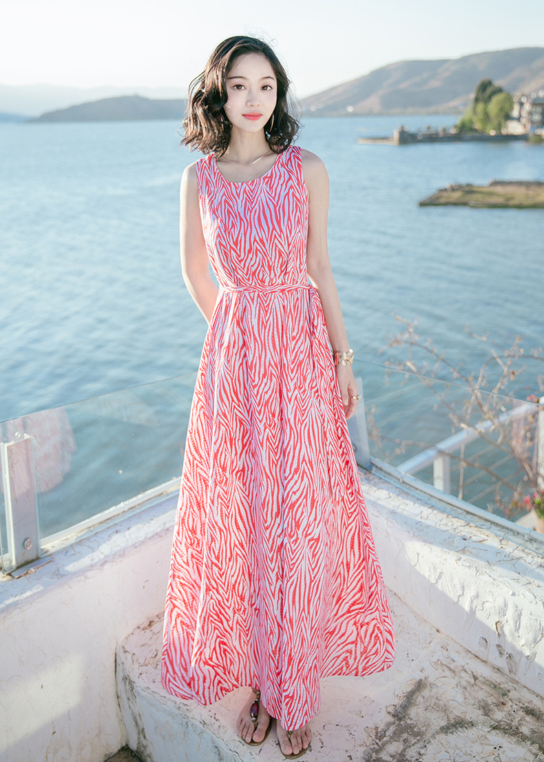 西子美丽心情夏季女装修身无袖雪纺长裙连衣裙波西米亚海边度假沙滩裙