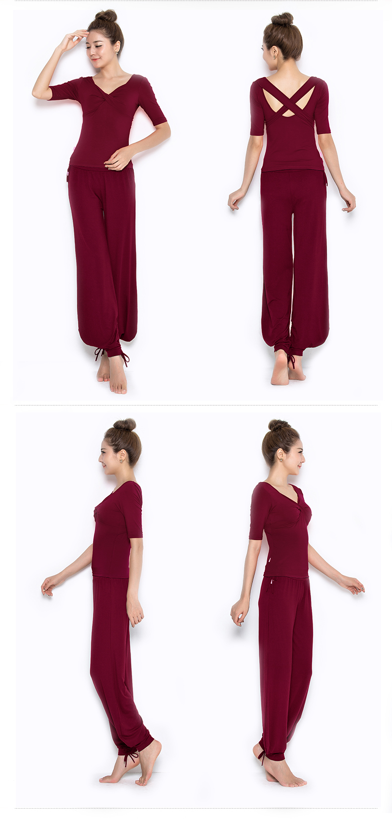 远阳瑜伽服 秋冬新款套装大码女V领时尚中袖灯笼裤愈加舞蹈服 S8023Y-74长袖2 M