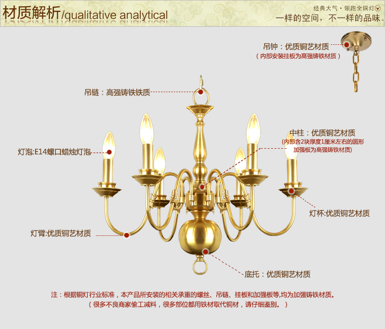 卡农灯饰全铜灯铜灯美式蜡烛灯简约吊灯卧室餐厅灯书房吊灯 6头吊灯(适合12-25平米)