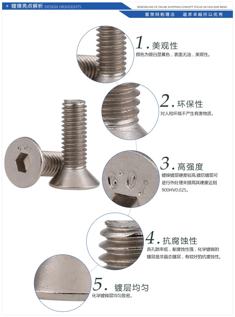 9級鍍鎳沉頭內六角螺絲釘平頭內六角螺釘 m6*20【10粒】