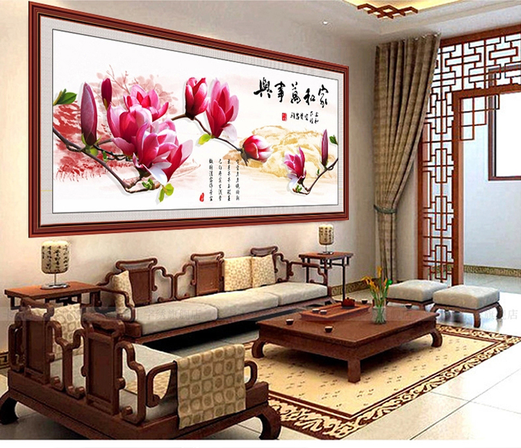 卡卡5D魔方钻石画家和万事兴十字绣圆钻新款钻石绣贴钻画客厅玉兰花十字绣粘贴画 魔方钻112*48贴家兴和花