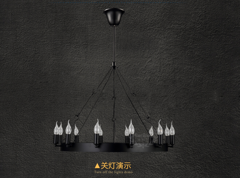 惟柯(wake)美式乡村武士铁艺复古工业Loft餐厅吧台12头圆桌蜡烛吊灯具WD805 12头75cm