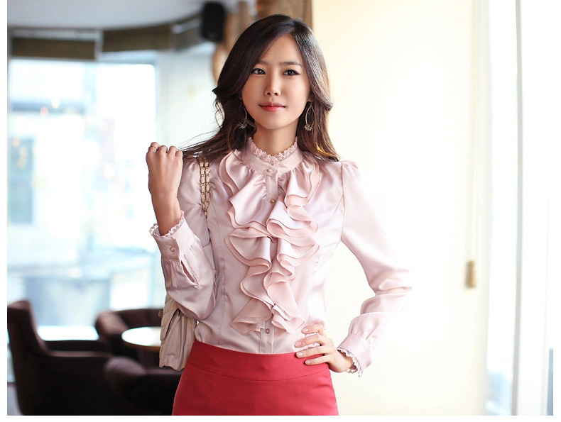 
                                        名诺儿2016秋季职业工作服女士白衬衫女装长袖上衣仿真丝衬衣女荷叶边修身款花边领 662白色 XL                