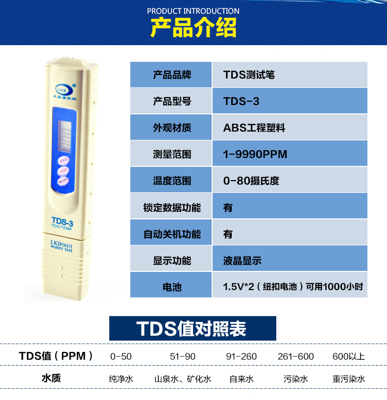 tds测试笔/水质检测盒/水质检测仪器/分析盒水质检测工具箱水质监测分析仪家庭水质检测 HO水质电解器黑色一字式