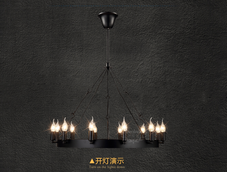 惟柯(wake)美式乡村武士铁艺复古工业Loft餐厅吧台12头圆桌蜡烛吊灯具WD805 12头75cm