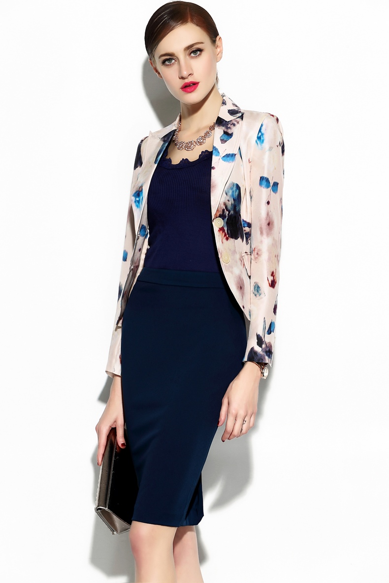 颈袖添香2017春季女装新款米色底中长款印花桑蚕丝长袖小西装外套米色