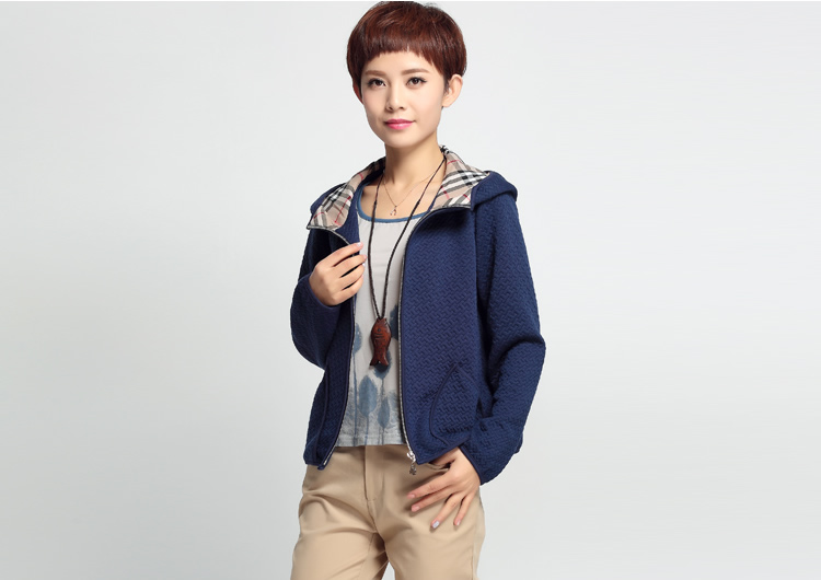 欣依煊 2015秋冬拼接格子连帽大码女装短外套 夹克衫女 藏蓝色 XL
