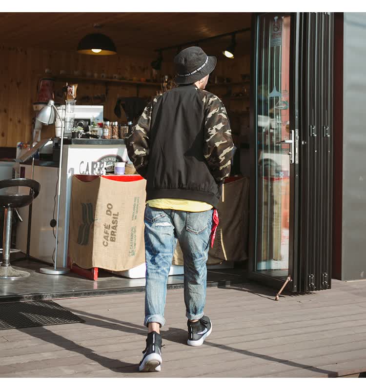 勒巴朗夹克男2017春秋新款男装外套休闲薄修身衣服潮迷彩拼接 黑色 m