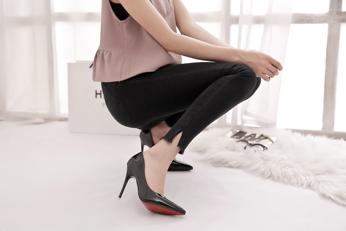 畅印 新款无装饰ol职业装黑色工作高跟鞋细跟尖头亮皮女高跟鞋f 红色