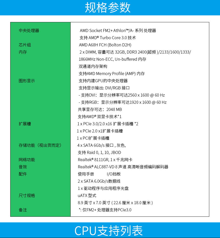 华硕a68主板参数图片