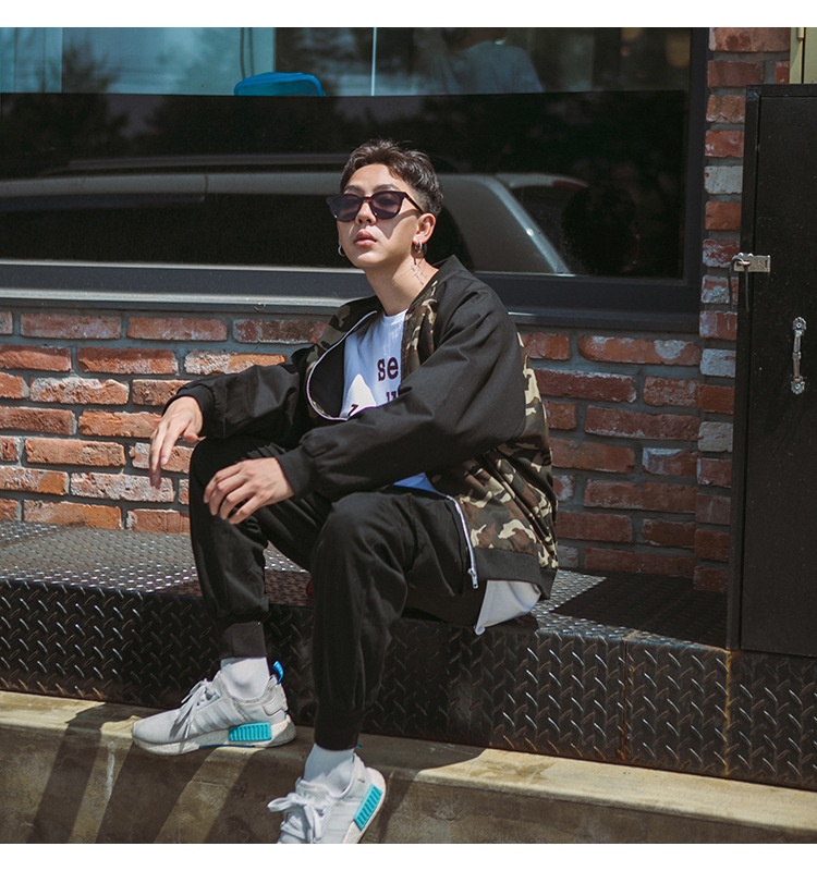 勒巴朗夹克男2017春秋新款男装外套休闲薄修身衣服潮迷彩拼接 黑色 m