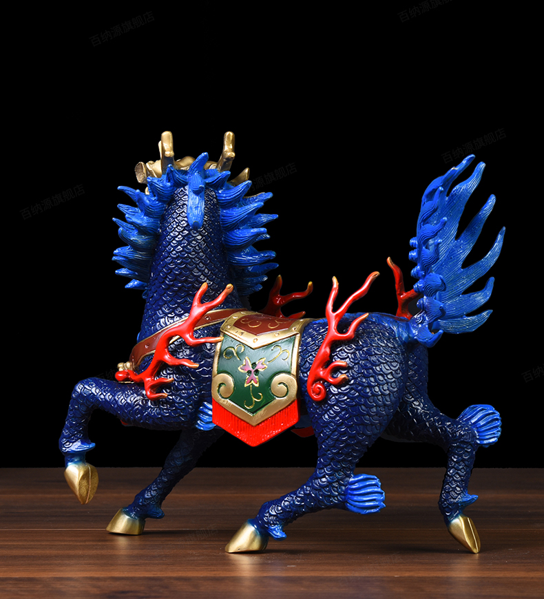 铜掌柜铜火麒麟摆件铜麒麟摆件黄铜工艺品家居客厅摆设大号彩绘蓝色抬