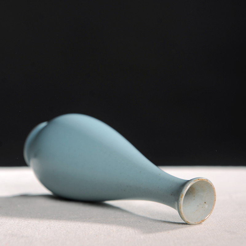 精品粗陶无光浅蓝釉小花瓶茶道日式古朴手工陶艺小花插摆件美人瓶高16