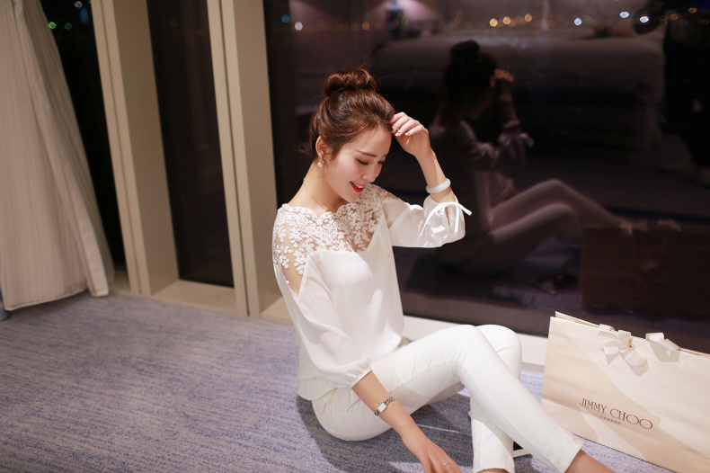 忆姿美2016春夏装新品女装蕾丝衫大码修身名媛气质春秋女式雪纺衫 白色 M