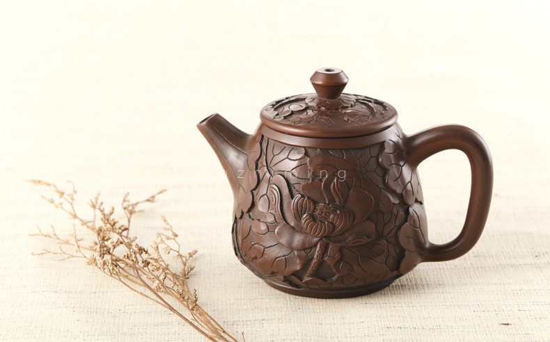 春之茗云南建水紫陶茶壶名家手工雕刻浮雕花开富贵紫陶壶高石瓢壶泡