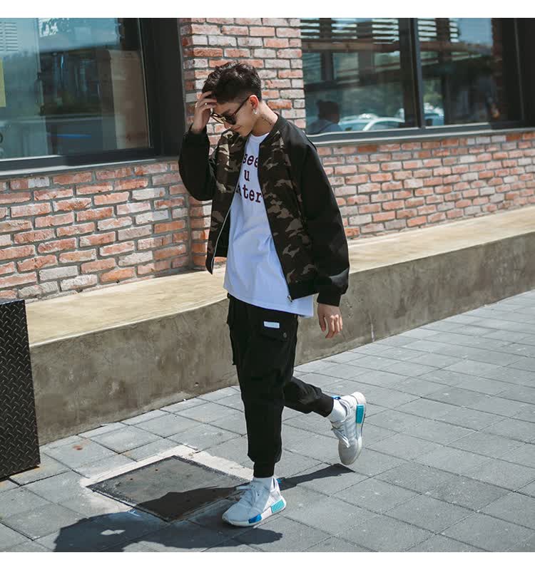 勒巴朗夹克男2017春秋新款男装外套休闲薄修身衣服潮迷彩拼接 黑色 m