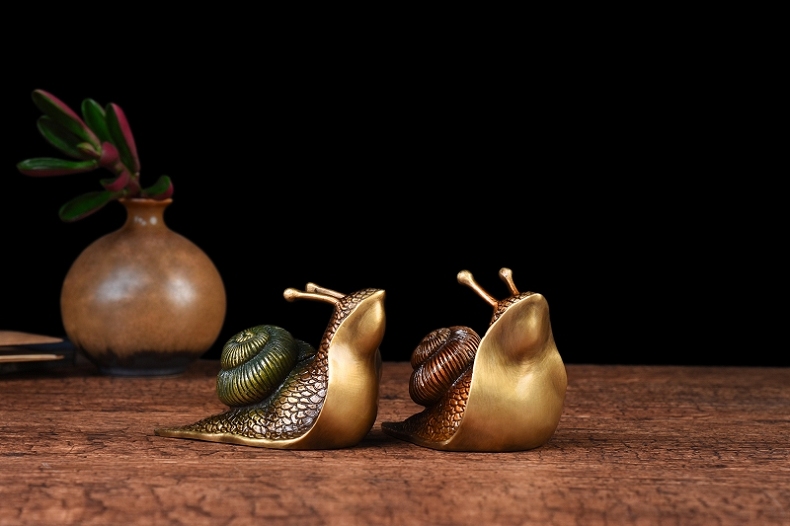 铜掌柜铜蜗牛摆件装饰品黄铜创意茶宠铁壶盖置功夫茶具装饰彩绘小号
