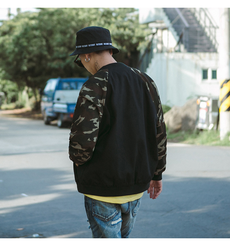 勒巴朗夹克男2017春秋新款男装外套休闲薄修身衣服潮迷彩拼接 黑色 m