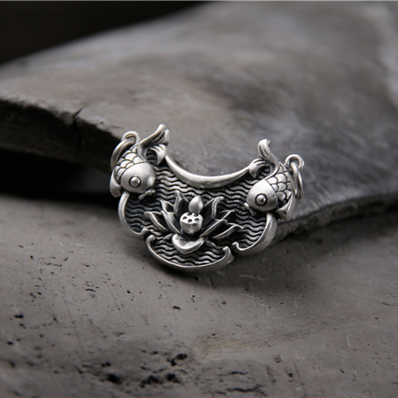 凡丘珠宝s990银双鱼莲花项链挂件泰银做旧复古民族风