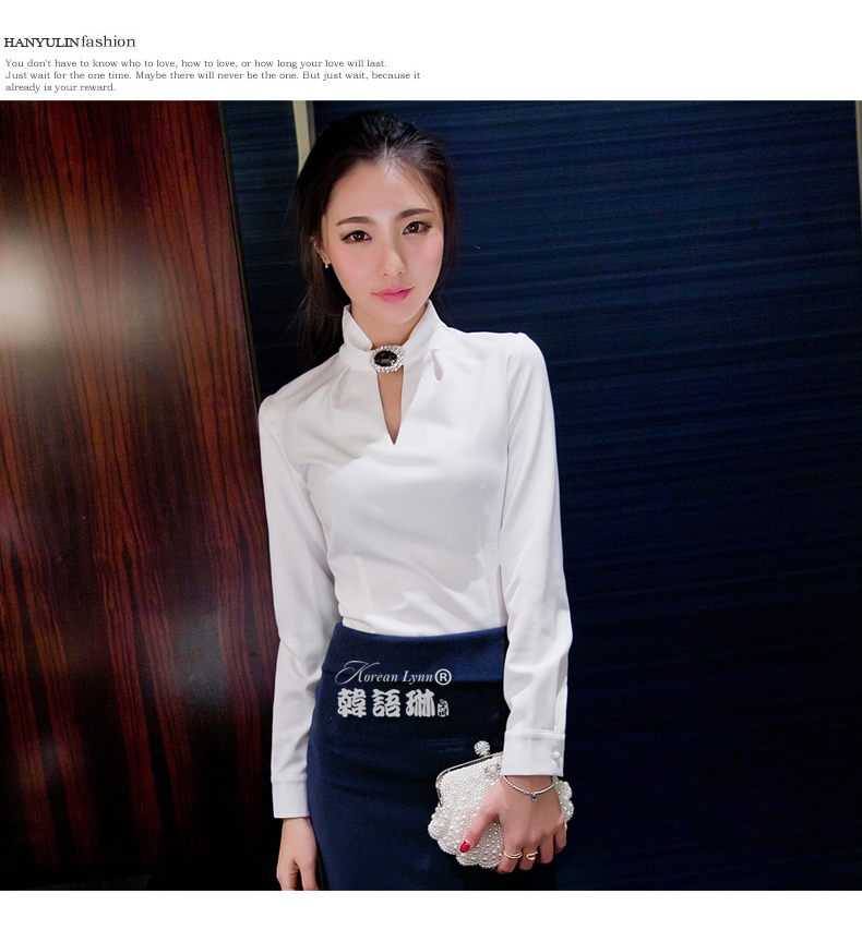 
                                        韩语琳空间春装女装性感镂空修身立领长袖打底衫 名媛公主上衣 白色 M                