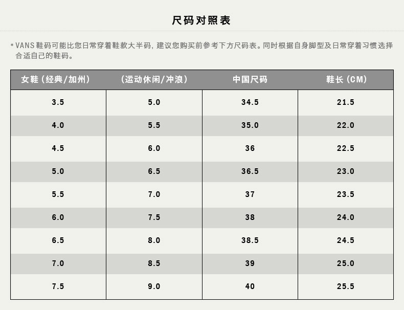 vans脚长和鞋码对照表图片