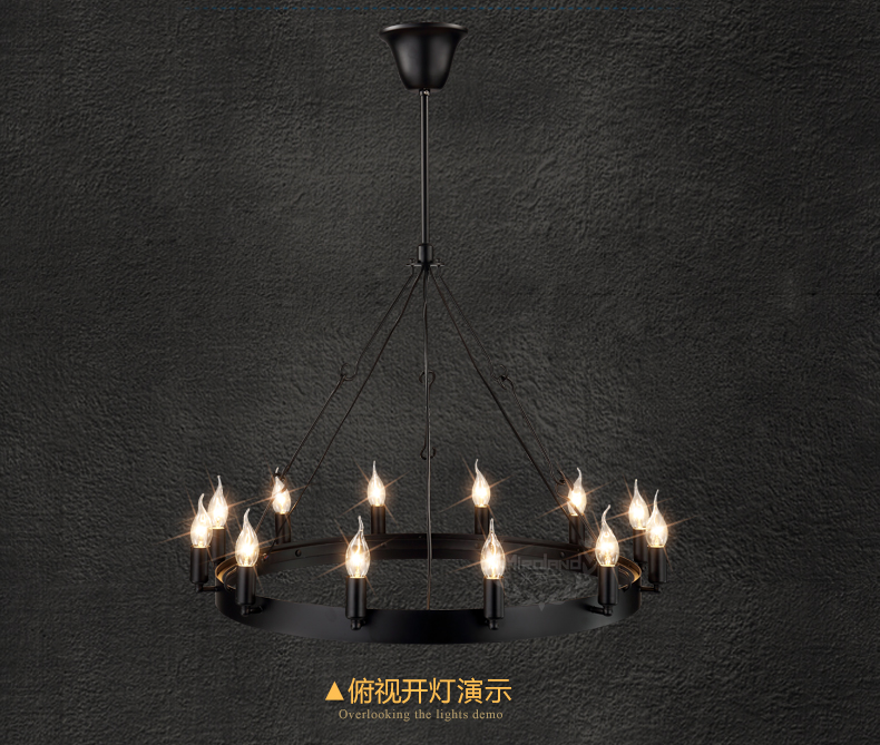惟柯(wake)美式乡村武士铁艺复古工业Loft餐厅吧台12头圆桌蜡烛吊灯具WD805 12头75cm