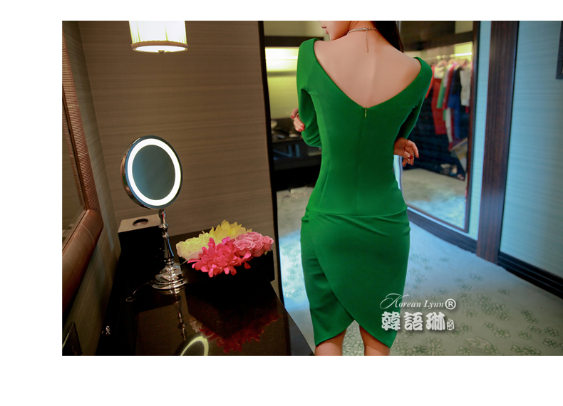 
                                        韩语琳空间秋冬女装性感礼服名媛修身包臀开叉礼服 连衣裙长裙 绿色 M                