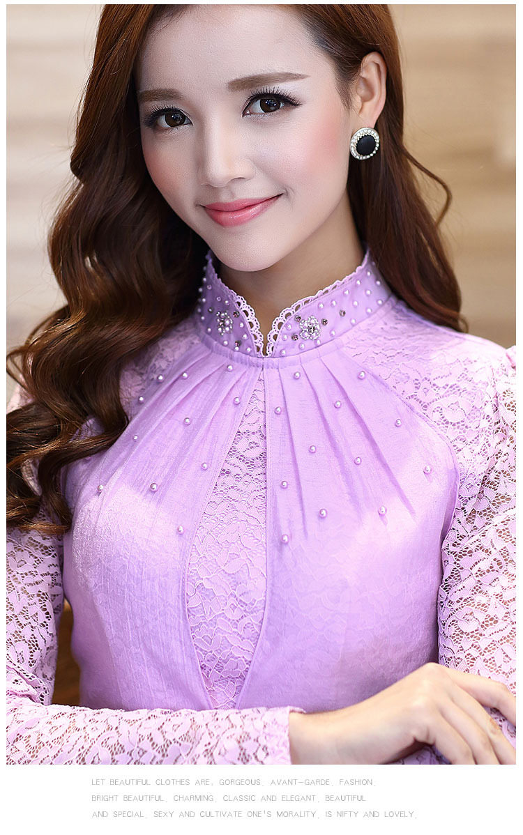 卡卡西2015新款宫廷打底衫女长袖蕾丝衫立领钉珠上衣修身小衫潮 紫罗兰 M