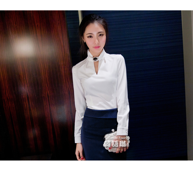 
                                        韩语琳空间春装女装性感镂空修身立领长袖打底衫 名媛公主上衣 白色 M                