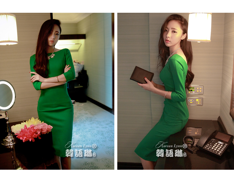 
                                        韩语琳空间秋冬女装性感礼服名媛修身包臀开叉礼服 连衣裙长裙 绿色 M                