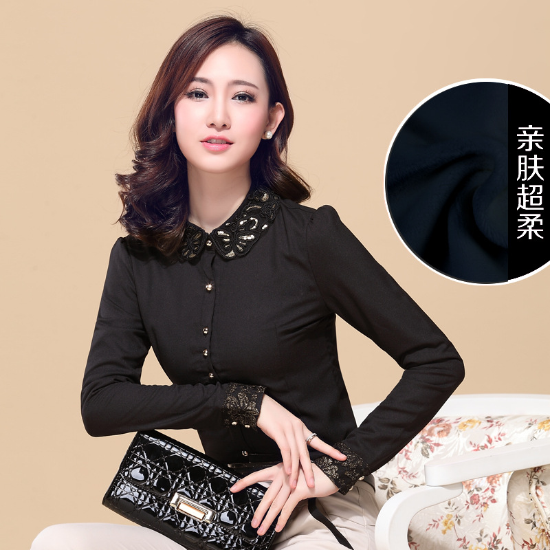 
                                        尚贵华 2017春款薄款OL通勤商务修身衬衣加大加肥长袖职业女式红蓝绿色衬衫 黑色 XXL                