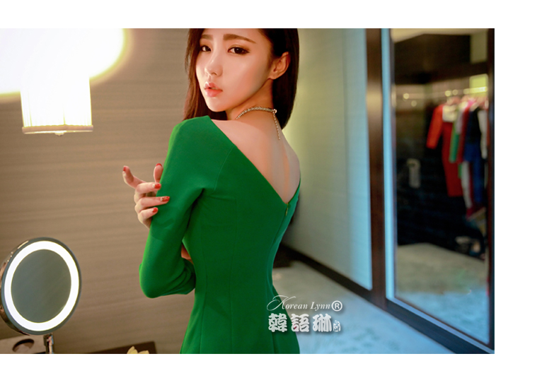 
                                        韩语琳空间秋冬女装性感礼服名媛修身包臀开叉礼服 连衣裙长裙 绿色 M                