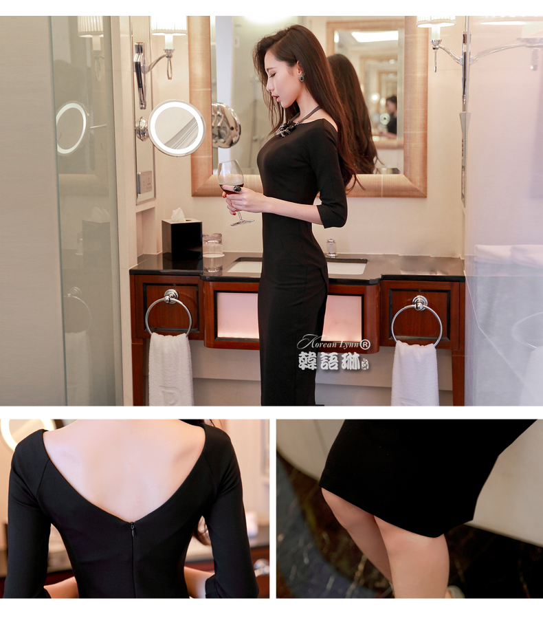 
                                        韩语琳空间秋冬女装性感礼服名媛修身包臀开叉礼服 连衣裙长裙 绿色 M                
