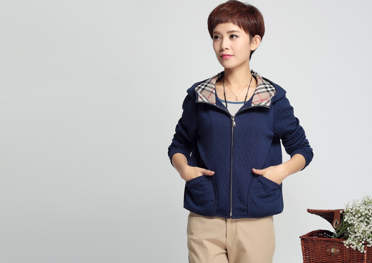 欣依煊 2015秋冬拼接格子连帽大码女装短外套 夹克衫女 藏蓝色 XL