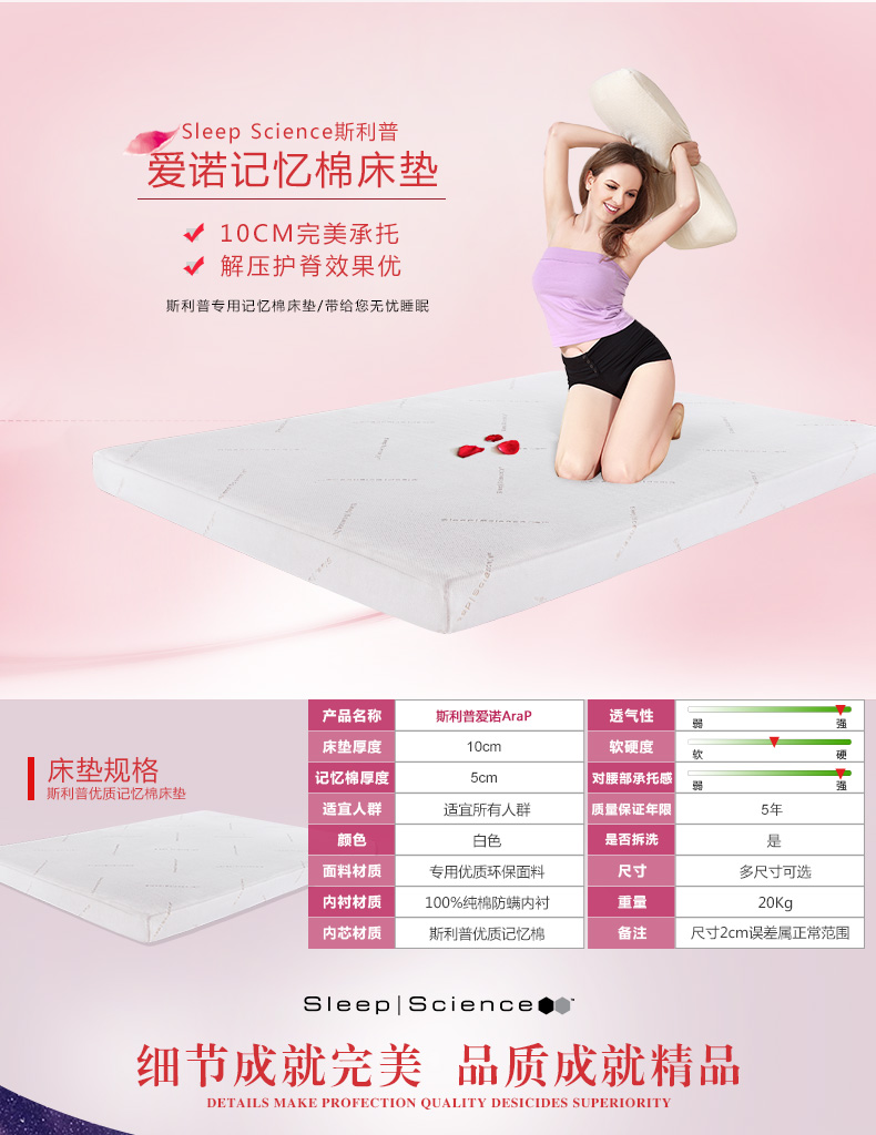 
                                                            Sleep Science美国睡眠科学爱诺黑宝石高密度记忆棉床垫子床褥子 薄垫子 轻奢解压10CM 白色 150*200*10CM                