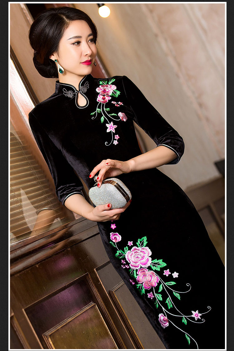 金丝绒旗袍裙春夏新款改良复古刺绣旗袍中袖高档宴会礼服旗袍裙 紫色