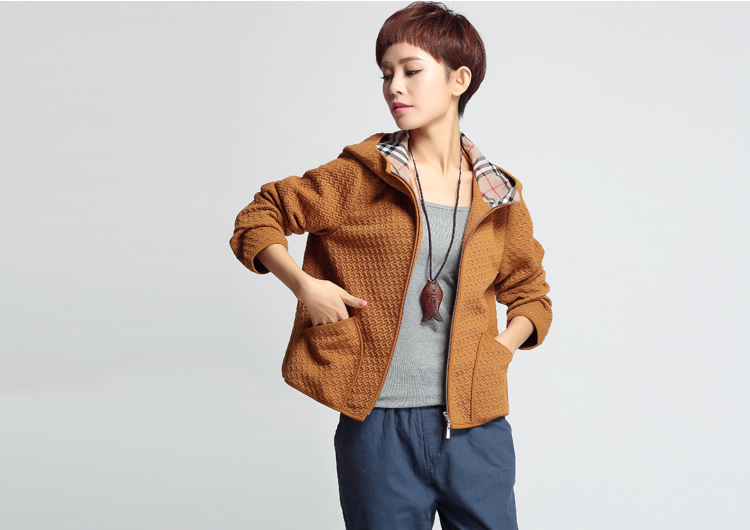 欣依煊 2015秋冬拼接格子连帽大码女装短外套 夹克衫女 藏蓝色 XL