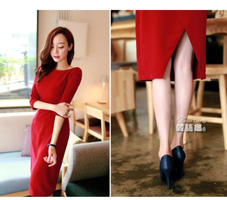 
                                        韩语琳空间秋冬女装性感礼服名媛修身包臀开叉礼服 连衣裙长裙 绿色 M                