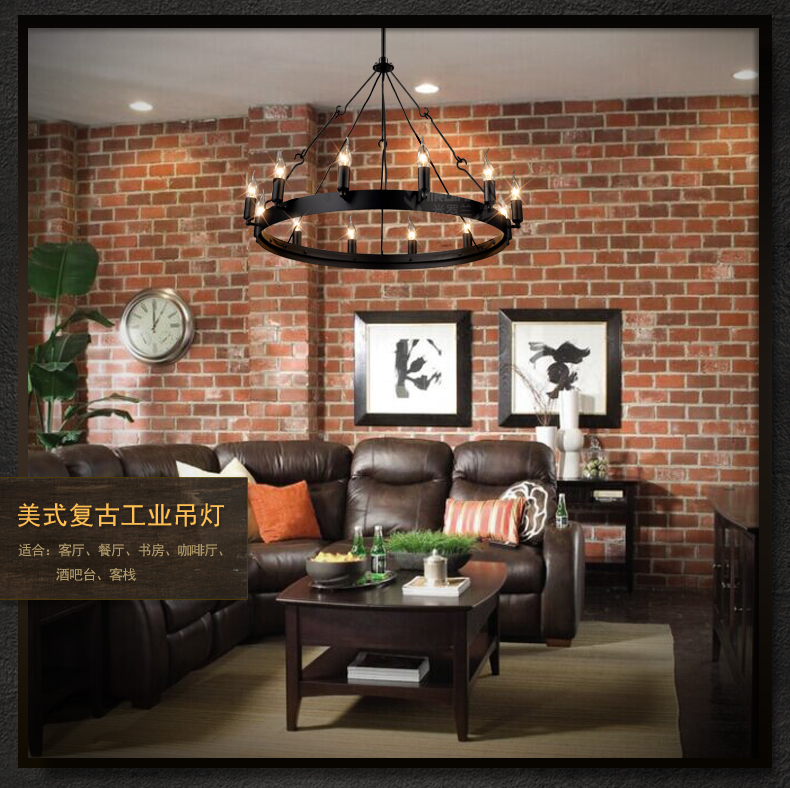 惟柯(wake)美式乡村武士铁艺复古工业Loft餐厅吧台12头圆桌蜡烛吊灯具WD805 12头75cm